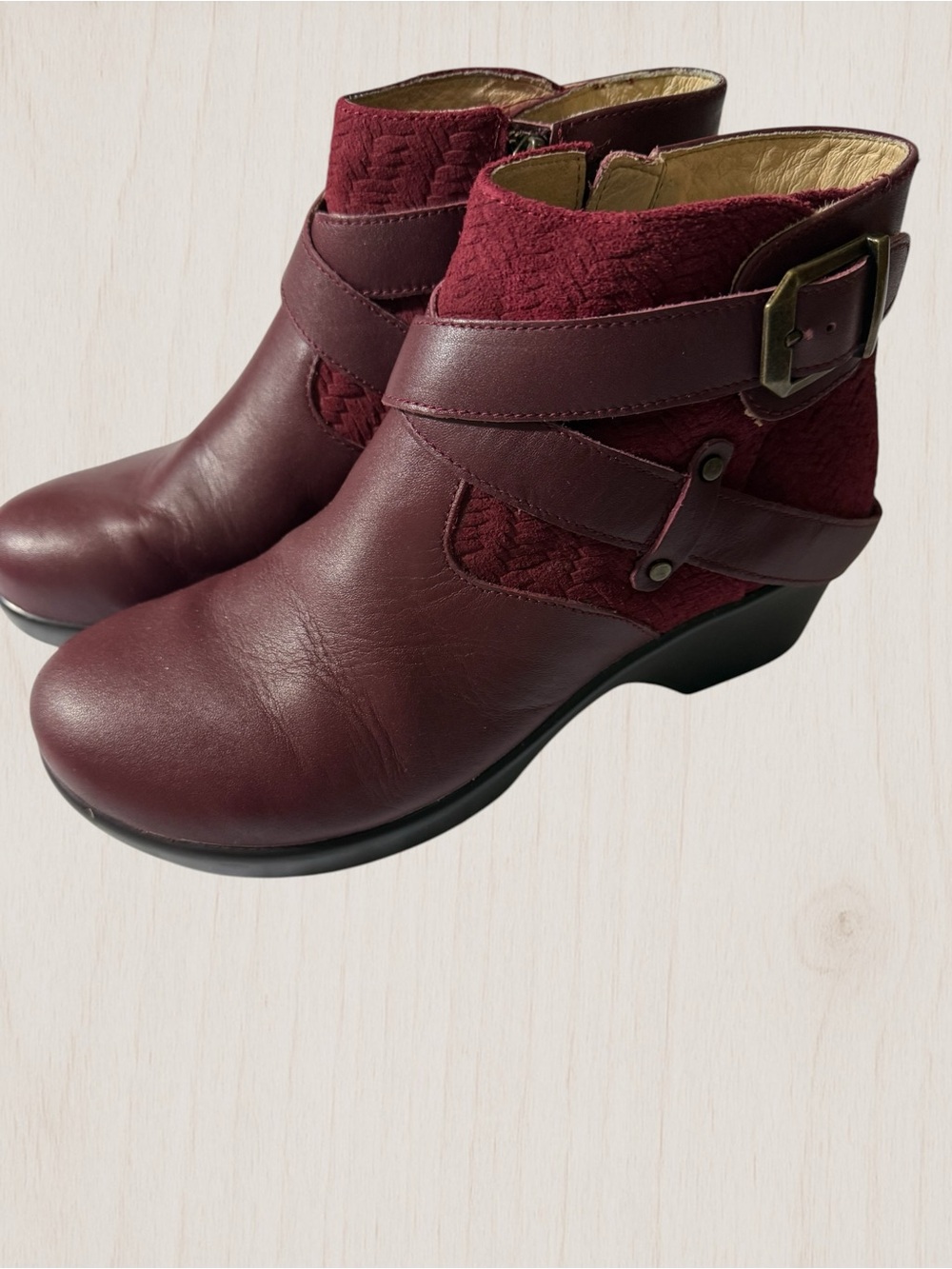 Alegria Women's Burgundy Leather and Fabric Ankle Booties